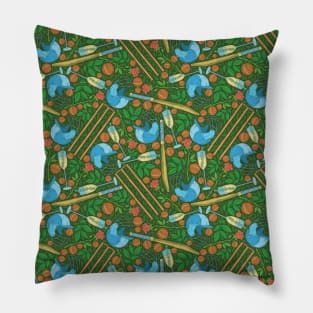 Blue helmet and cricket wickets on roses and balls field Pillow