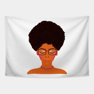 Woman with Afro, Glasses and Coral Beaded Jewelry (White Background) Tapestry