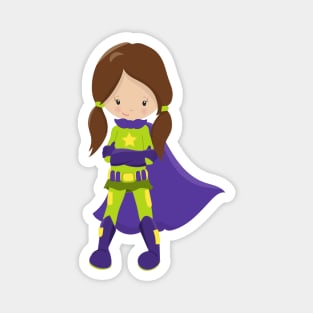 Superhero Girl, Cute Girl, Brown Hair, Purple Cape Magnet