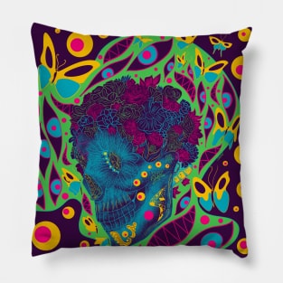 floral skull with death smiling mayan pattern ecopop Pillow