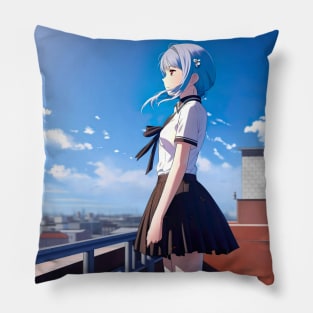 Anime Schoolgirl on Rooftop with City View - Anime Wallpaper Pillow