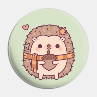 Cute Little Hedgehog Holding An Acorn Autumn Pin