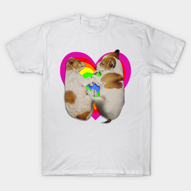 Super cute Jack Russell terriers sleeping on a rainbow heart - Dogs - T-Shirt
