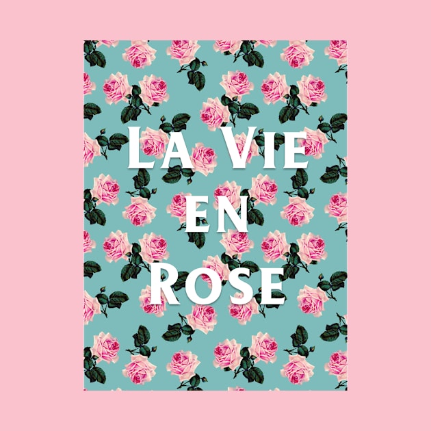 La Vie En Rose - scattered pink roses on turquoise on pink tee by bettyretro