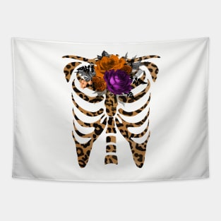 Halloween Leopard Print Day of Dead Skeleton Flowers Decorated Tapestry