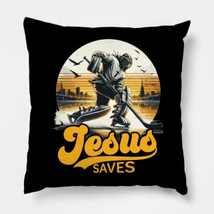 Hockey Jesus Saves Vintage Pillow