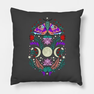 Moth, Triple Moon, Flowers and Stars Pillow