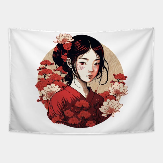 Japanese Girl wearing a Kimono with Red Flowers Tapestry by Galeaettu