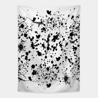 Black and White Pattern Paint Splats, Birds, Twigs Tapestry