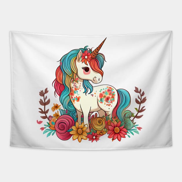 Cute Floral Unicorn Tapestry by Etopix