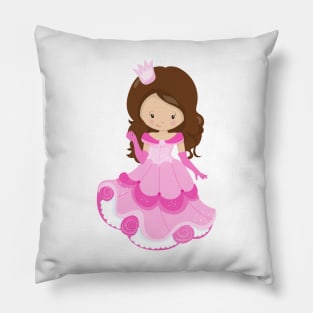 Cute Princess, Crown, Pink Dress, Brown Hair Pillow