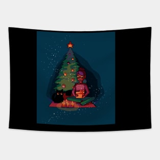 Girl open gifts in a Christmas atmosphere Tapestry