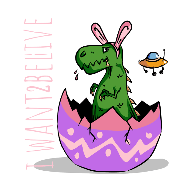 Cute little dinosaur with rabbit ears i want to believe funny joke eat bunny in egg with ufo by MIWDesign