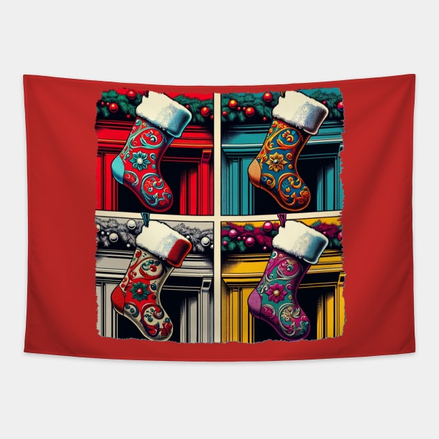 Stocking Spectacle: Pop Art’s Yuletide Wonder - Classic Christmas Tapestry by PawPopArt