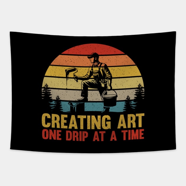 Retro House Painter Vintage Paint Brush Sunset Nostalgia Tapestry by Graphic Monster