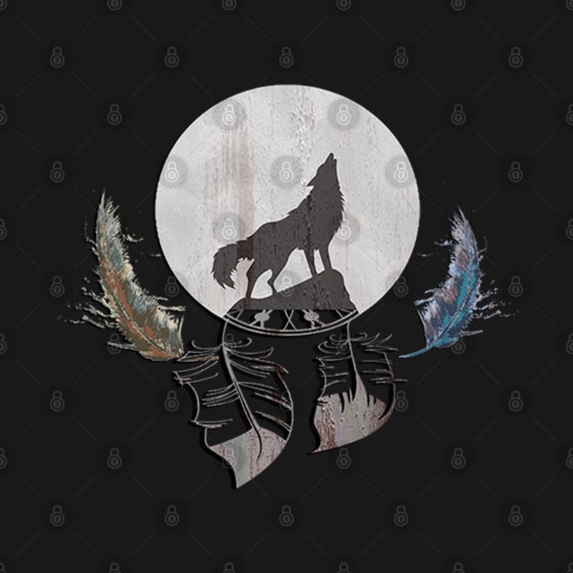 Cool Wolf Howling at Moon Graphic Design Feather Southwestern Dream Catcher by tamdevo1