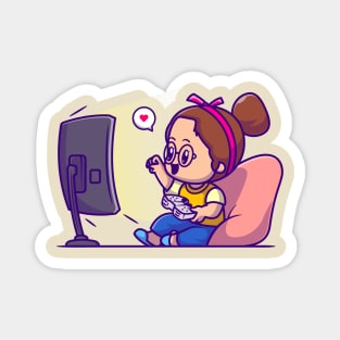 Cute Girl Playing Game Cartoon Magnet