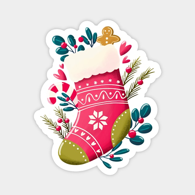 Christmas stocking with decoration on mint background. Cute festive winter holiday illustration. Bright colorful pink and blue design. Magnet by BlueLela