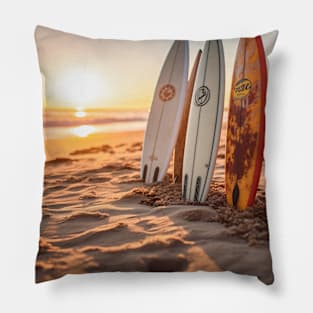 Surfboards on the sunset beach sand Surf lifestyle Pillow