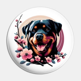 Rottweiler Enjoys Spring Amid Cherry Blossoms Pin