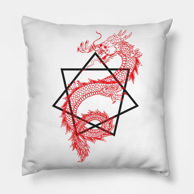 Asian Dragon With Sacred Geometry Heptagram (Seven Sided Star) Design Pillow by Nonstop Shirts