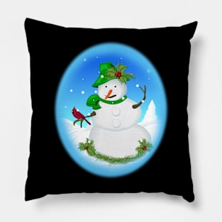 Christmas Snowman Cardinal Bird Chickadees Winter Snow Scene Pillow