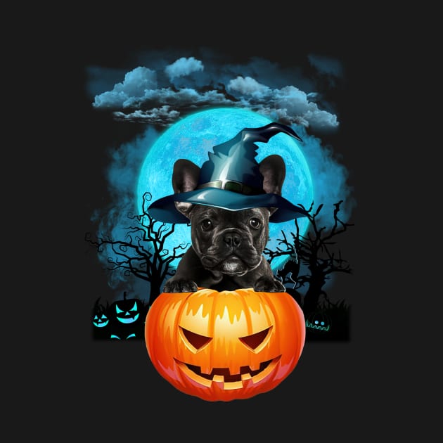 French Bulldog Witch Hat Pumpkin And Blue Moon Halloween by Centorinoruben.Butterfly