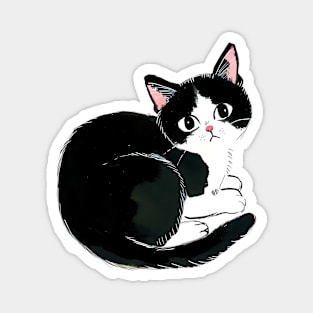 Cute Tuxedo Cat With Shrimp-like shape Magnet