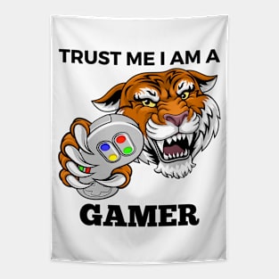 Trust Me I Am A Gamer - Tiger With Gamepad And Black Text Tapestry