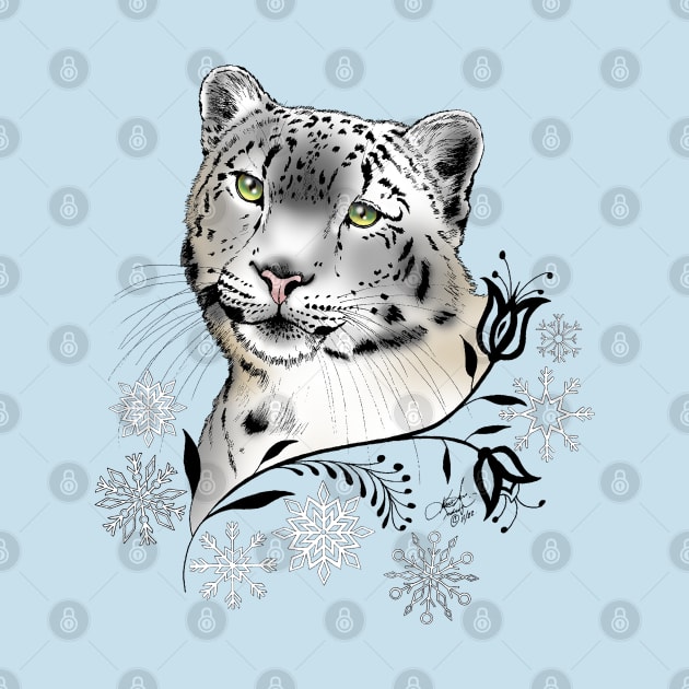 Snow Leopard & Snowflakes by tigressdragon