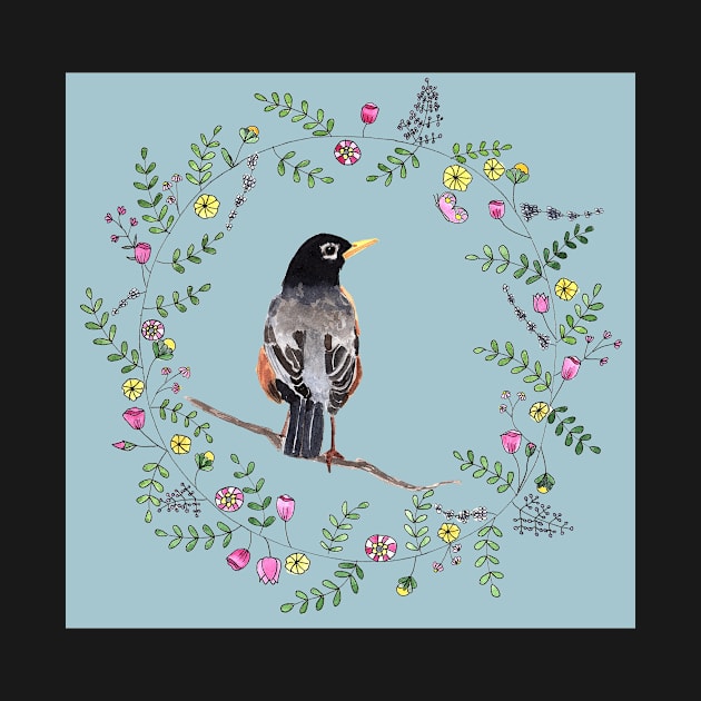 American Robin with Flower Wreath and blue background by Sandraartist