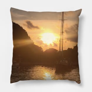 Sailing into Sunset Bliss: Paxos Coastal Sunset Artwork Pillow