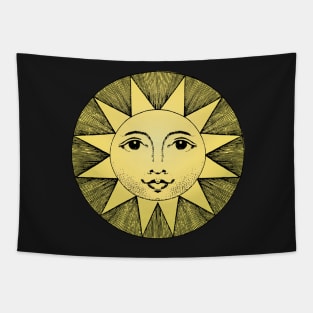 celestial yellow sun with face line drawing vintage Tapestry