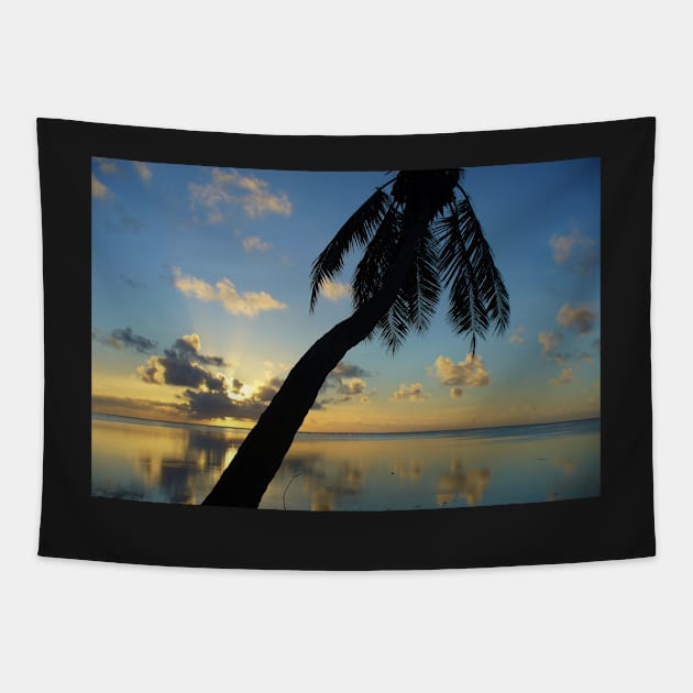 Peaceful Blue Palm Tree Sunset Tapestry by KaSaPo