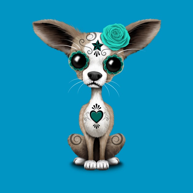 Teal Blue Day of the Dead Sugar Skull Chihuahua Puppy by jeffbartels