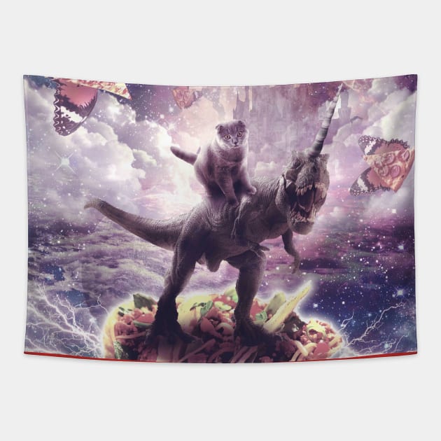 Cat Riding Unicorn Dinosaur on Taco Tapestry by Random Galaxy