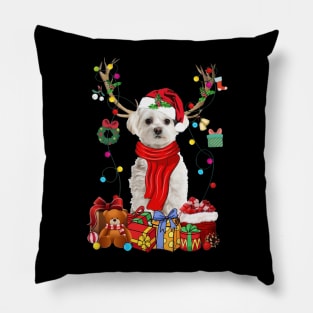 White Maltese Reindeer Santa Christmas Color Lights Pillow