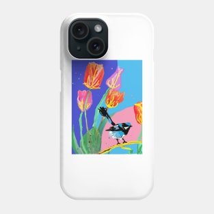 Abstract Blue Wren and Tulips Painting - on Multicoloured Navy Phone Case