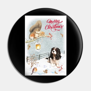 Tri Color Cavalier King Charles Spaniel Merry Christmas Santa Dog Pin