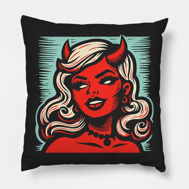 Retro Devil Girl Pillow by n23tees