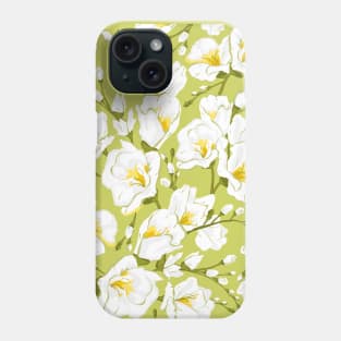 White freesia on a green background. Phone Case