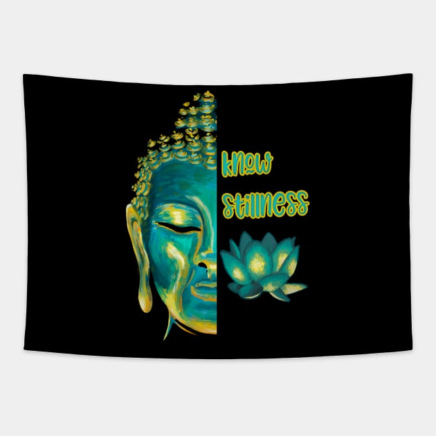 Know Stillness Meditating Buddha Head Lotus Buddhist Saying Tapestry by Get Hopped Apparel