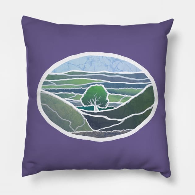 Oval Sycamore Gap Tree Batik style England Scotland UK Pillow by Aurora X