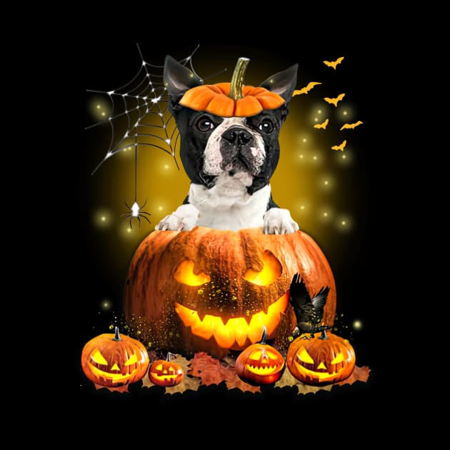 Black Boston Terrier Spooky Halloween Pumpkin Dog Head by Los Draws