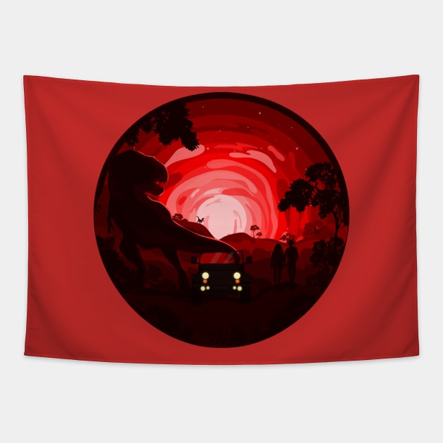 Red Jurassic Rex with Jeep Tapestry by Wanderlust Creative Lab