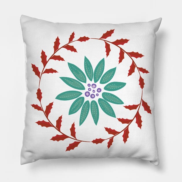 Folk Art Poinsettia Wreath Pillow by SWON Design