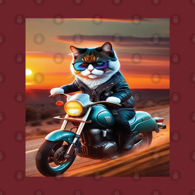 Cat with glasses riding a motorbike sunset by SylwiaArt