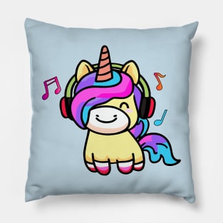 Happy smiling baby unicorn with headphones. Kawaii cartoon Pillow