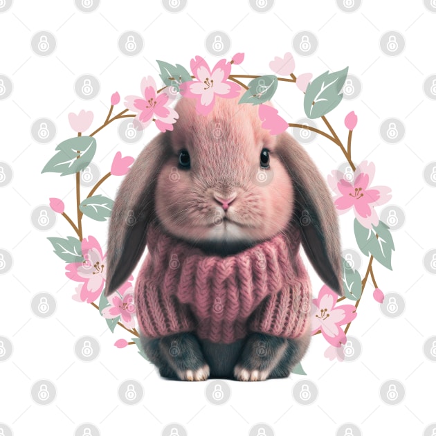 Adorable Baby Bunny in pink wool sweater - crown of charming flowers and leave by Artfully Yours