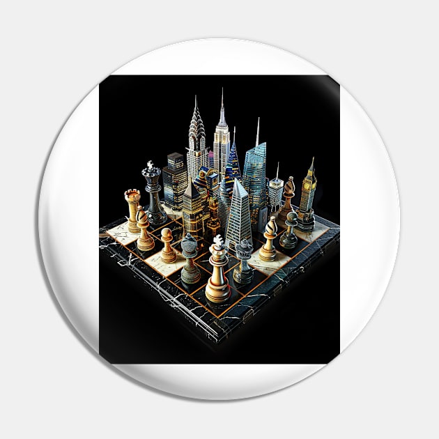 Cityscape Gambit: Skyline Chess Match Tee gift Pin by familycuteycom